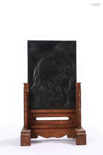 Chinese Duan Stone Carved Buddhist Lion Table Screen