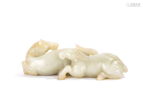 Unusual Chinese White Jade Twin Horse Carving