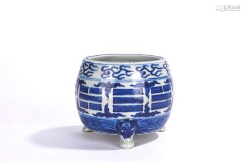 Chinese Blue and White Bagua Tripod Censer