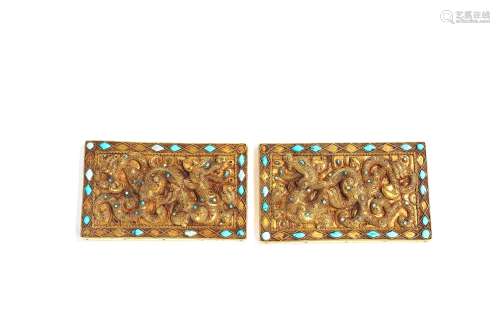 Rare Pair of Chinese Gold Turquoise Inlays Belt Buckles