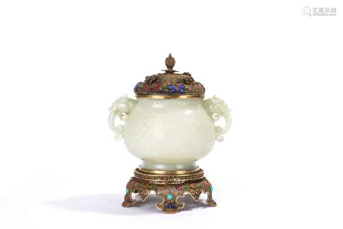 Chinese White Jade Censer with Gilt Silver Filigree Cover