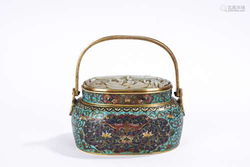 Chinese Cloisonne Enamel White Jade Inlaid Hand Warmer