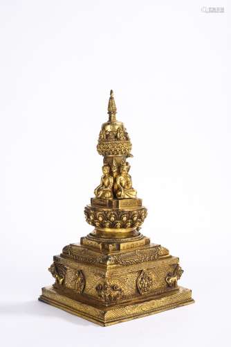 Tibetan Gilt Bronze Model of Buddhist Stupa
