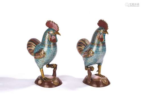 Pair of Large Chinese Cloisonne Enamel Roosters