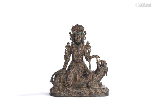 Chinese Parcel Gilt Bronze Figure of Manjushri on Lion