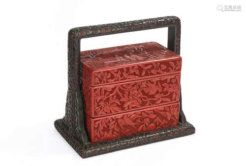 Rare and Gorgeous Chinese Cinnabar Black Lacquer Picnic Box