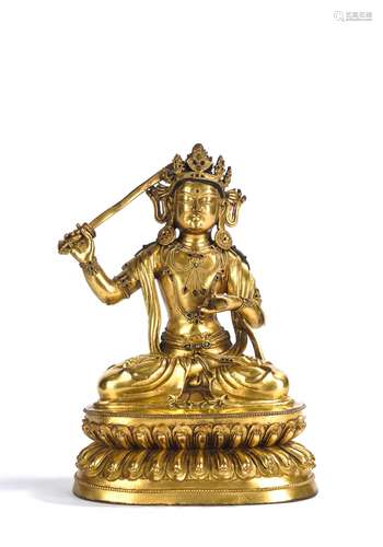 Stunning Sino Tibetan Gilt Bronze Figure of Manjushri