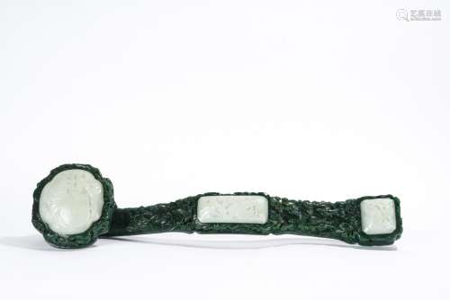 Very Large Chinese Green and White Jade Ruyi Scepter