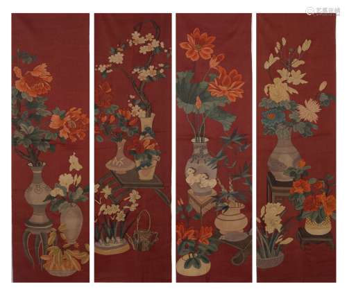 Four Chinese Kesi Embroidered Vases & Flowers Panels