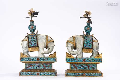 Large Pair of Jade Elephants and Cloisonne Enamel Stands