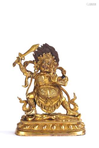 Sino Tibetan Gilt Bronze Figure of Wrathful Deity