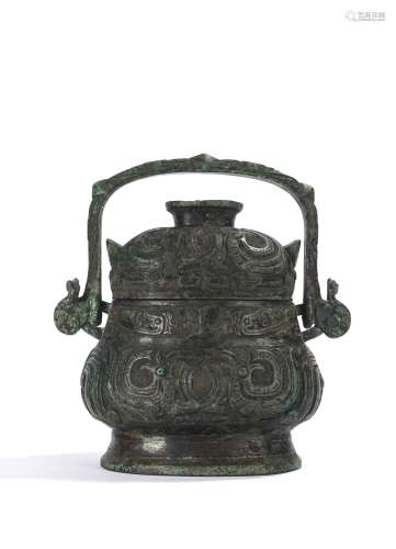 Chinese Patinated Bronze Ritual Jar with Handle