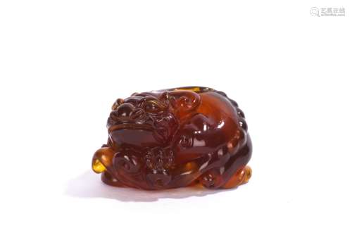 Chinese Amber Carved Recumbent Foo Dog