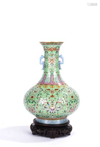 Chinese Famille Rose Lotus and Green Ground Vase