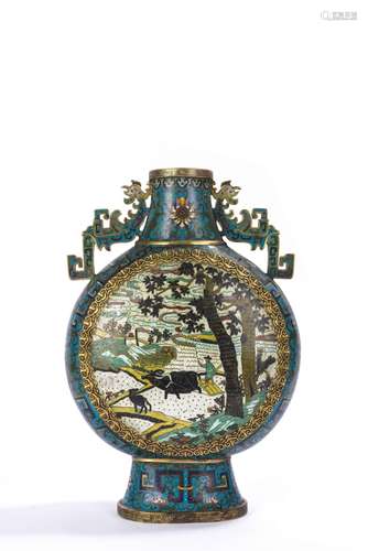 Chinese Cloisonne Enamel 'Farming' Scene Moonflask