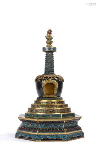 Gorgeous and Large Chinese Cloisonne Enamel Green Jade Stupa