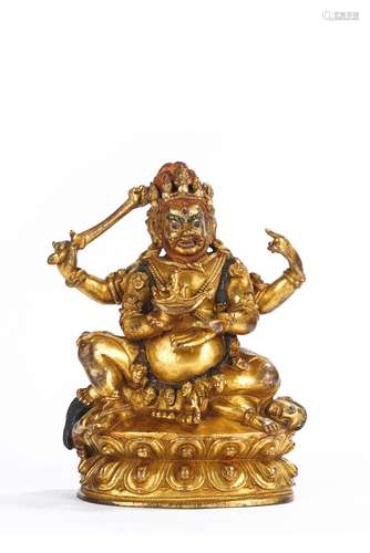 Tibetan Gilt Bronze Figure of Yellow Jambhala