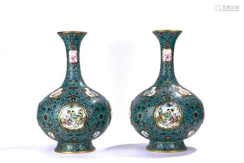 Large Pair of Cloisonne Enamel & Canton Enamel Vases