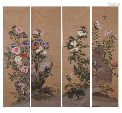 Four Chinese Kesi Embroidered Flowers Panels