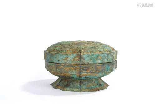 Chinese Patinated Gilt Bronze Lobed Box and Cover