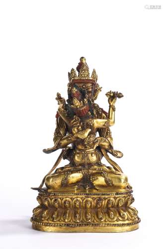Sino Tibetan Gilt Bronze Figure of Yab Yum Deity