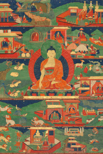 A THANGKA DEPICTING SCENES FROM THE PAST LIVES OF SHAKYAMUNI...