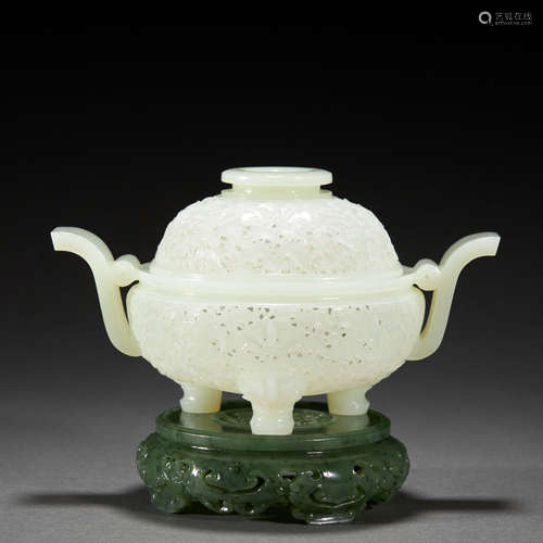 HETIAN JADE CENSER,SPINACH JADE BASE