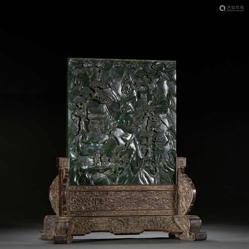 CHINESE SPINACH JADE SCREENS,ZITAN WOOD BASE