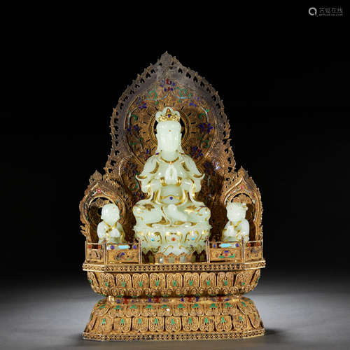 A SET OF GOLD-INLAID HETIAN JADE BUDDHA STATUE