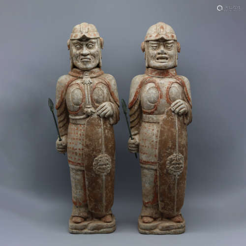 NORTHERN WEI DYNASTY,A PAIR OF PAINTED POTTERY WARRIORS