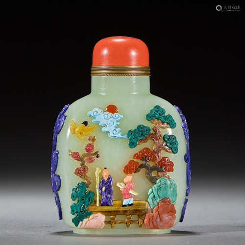 CHINESE HETIAN JADE HARDSTONE-INLAID SNUFF BOTTLE