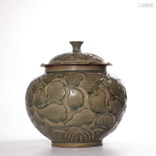 YAOZHOU WARE CELADON CARVED JAR AND COVER,JIN DYNASTY