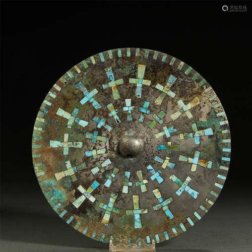 A TURQUOISES-INLAID BRONZE CIRCULAR MIRROR