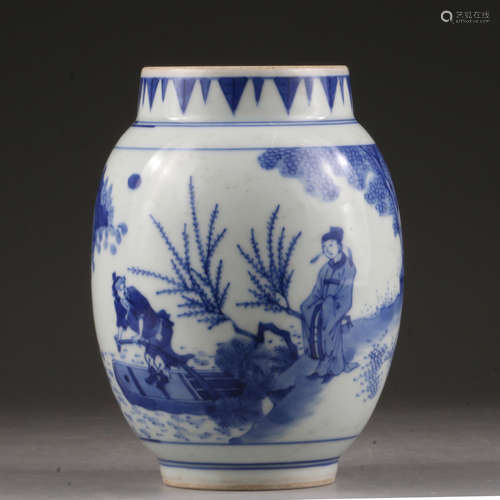 A BLUE AND WHITE GLAZED JAR