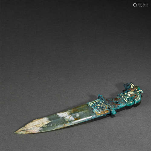 A JADE DAGGER TURQUOISES-INLAID BRONZE HANDLE