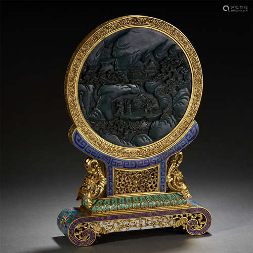 A SPINACH JADE SCREEN GILT-BRONZE CLOISONNE ENAMEL BASE