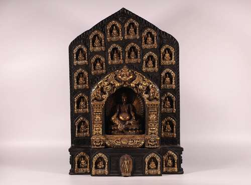  Bronze gilded red sandalwood Shrine