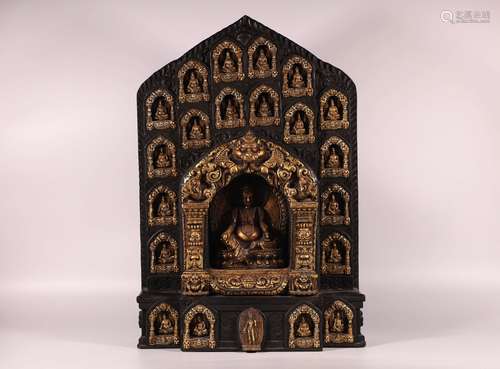  Bronze gilded red sandalwood Shrine