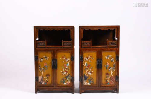 A Pair of Scented Rosewood Flowers and Birds Cabinet