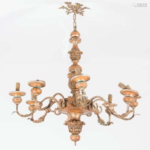 Lustre en bois et fer forgé à 10 bras de lumières H. 84 ; D....