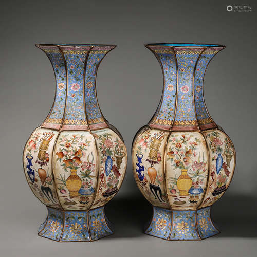 A Pair Of Bronze Enamel Flower Pattern Octagonal Bottle