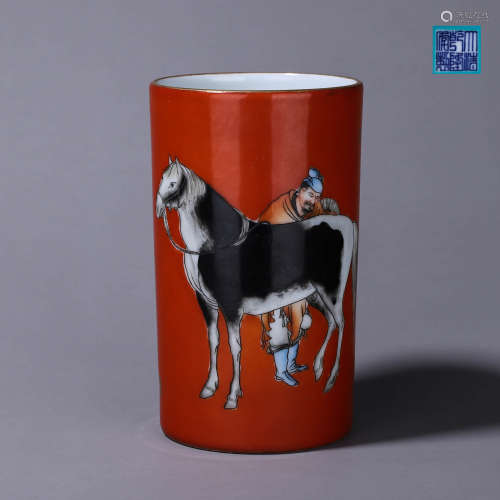 A Red Base Drawing Horse Porcelain Brush Pot
