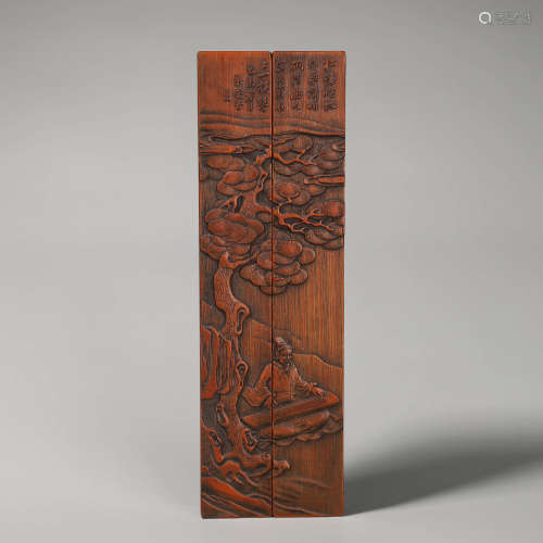 A Pair of Carved Character Story Bamboo Inlaid Huanghuali Wo...