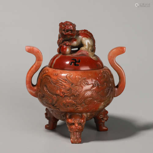 A Carved Beast with Dragon Pattern Shoushan Stone Incense Bu...