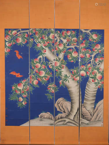 A Group Of Four Peach Tree Chinese Painting Lang Shiling Mar...