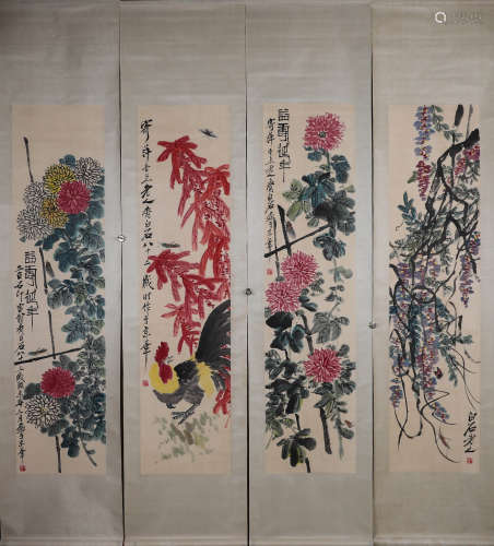 A Set Of Four Flower Screen Painiting Qi Baishi Mark