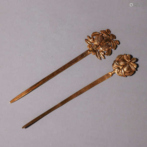 A Pair Of Gilt Bronze Flower Hairpin