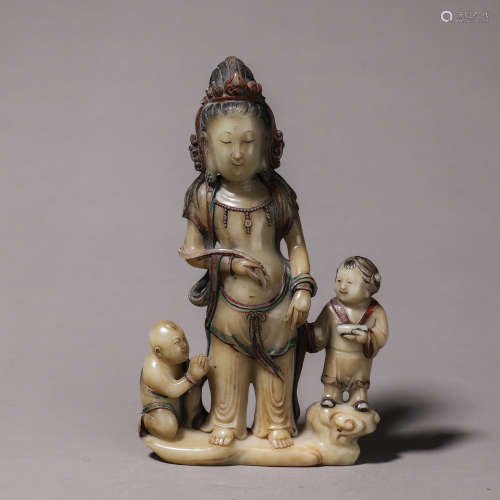 A Guanyin with Children Shoushan Stone Figure Statue