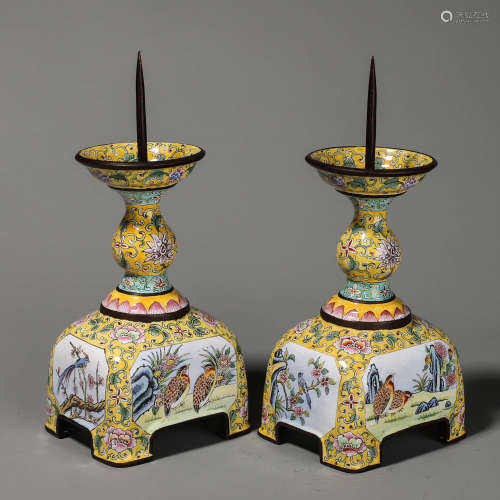 A Pair Of Bronze Enamel Flower And Bird Candlestick