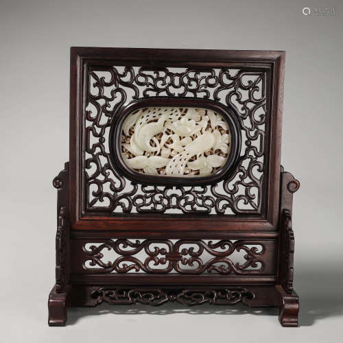 A Red Sandalwood Inlaid White Jade Flower And Bird Screen